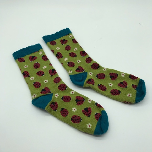 Womens Bamboo Ladybug Socks Floral Green Red Blue Scalloped Ladies One Size Soft - Picture 1 of 5